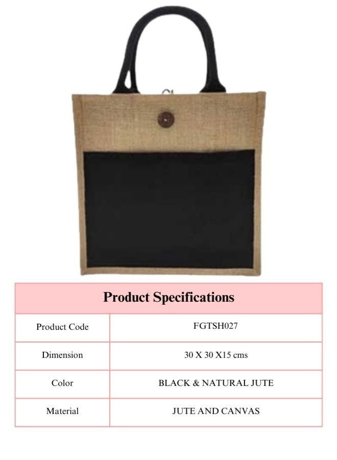 Fatio Set of 10 Black & Natural Jute with Black Canvas Bag with Button – Eco-Friendly, 30 x 30 x 15 cm - Image 4
